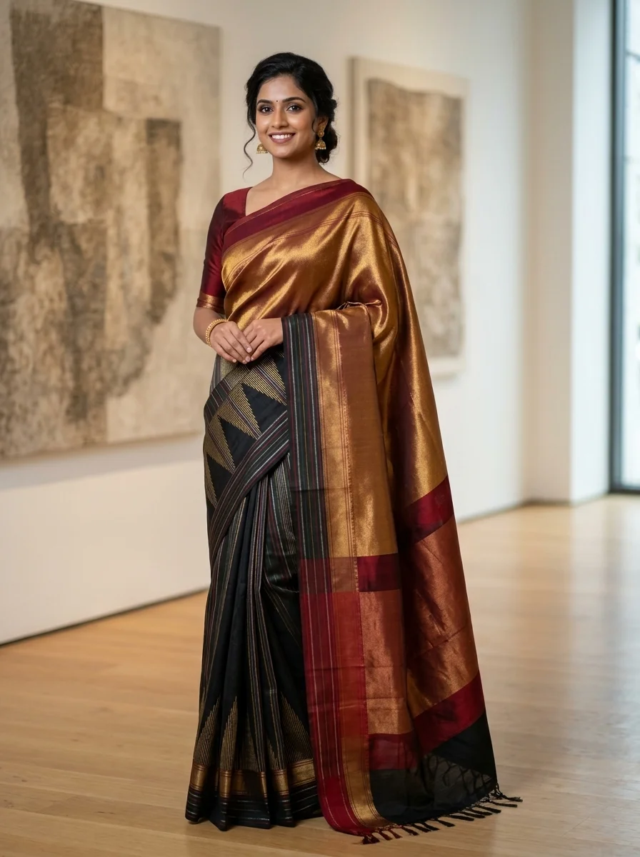 Metallic Gold & Black Geometric Handloom Saree